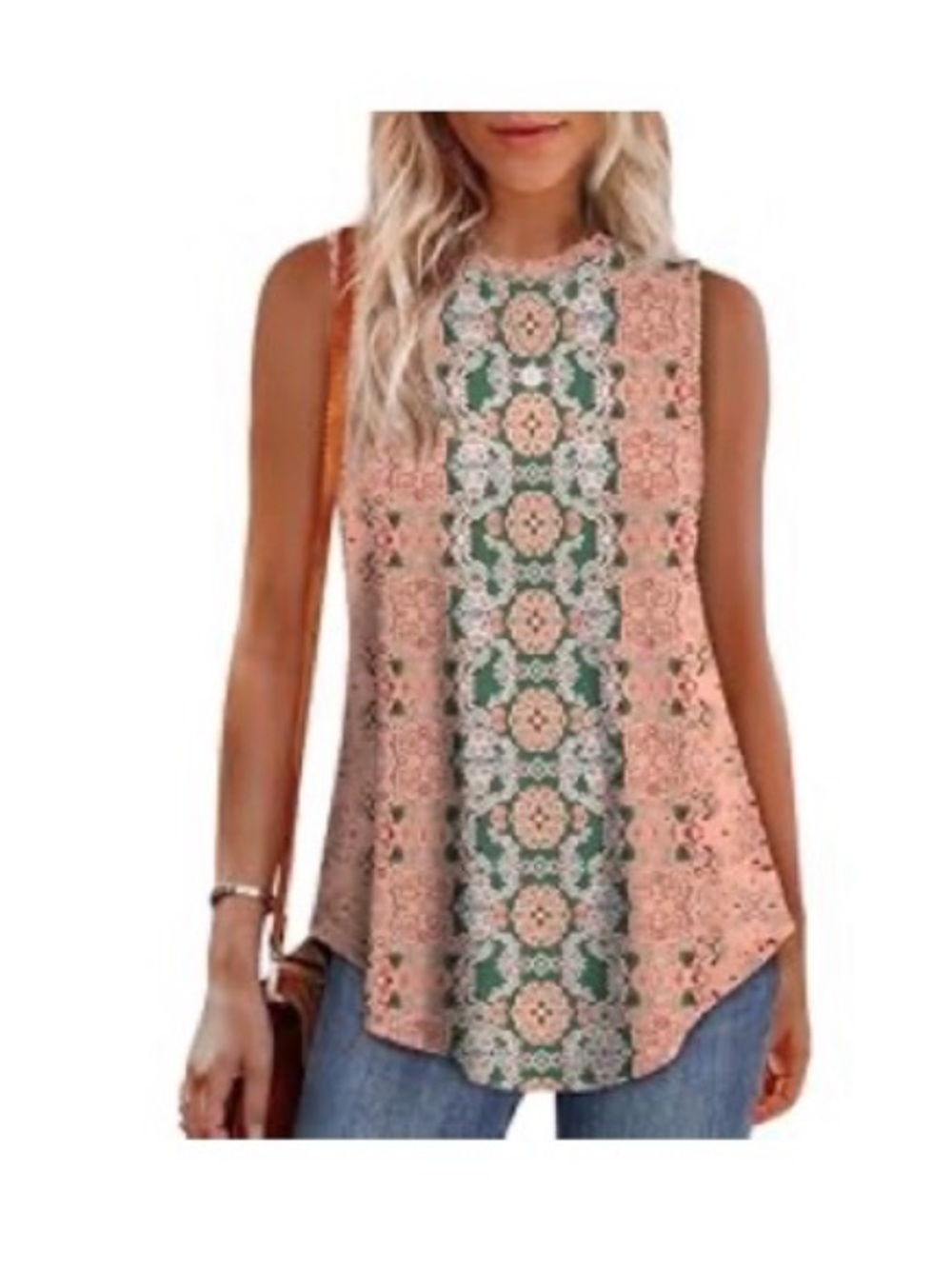 Pink and Green Sleeveless Mosaic Boho Tank Top